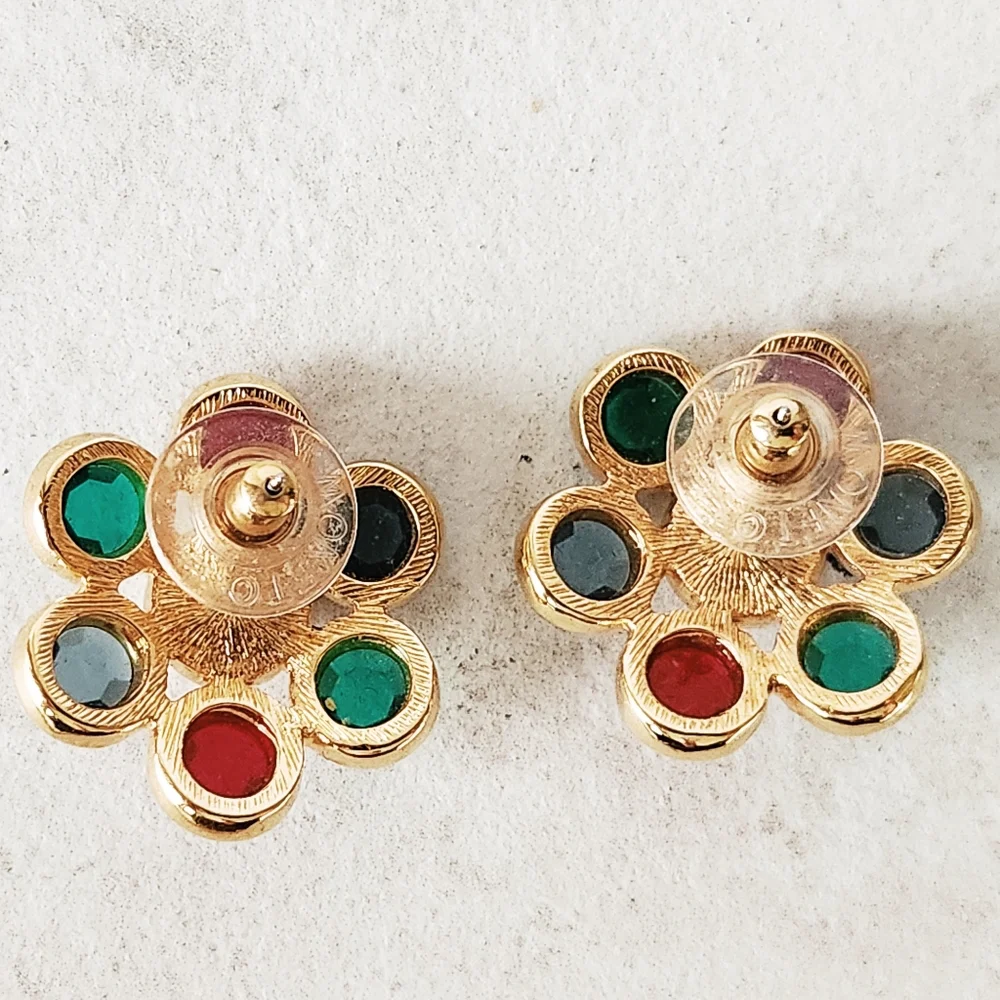 Vintage Monet Faceted Red Blue Green Glass Faux Pearl Round Flower Post Earrings
